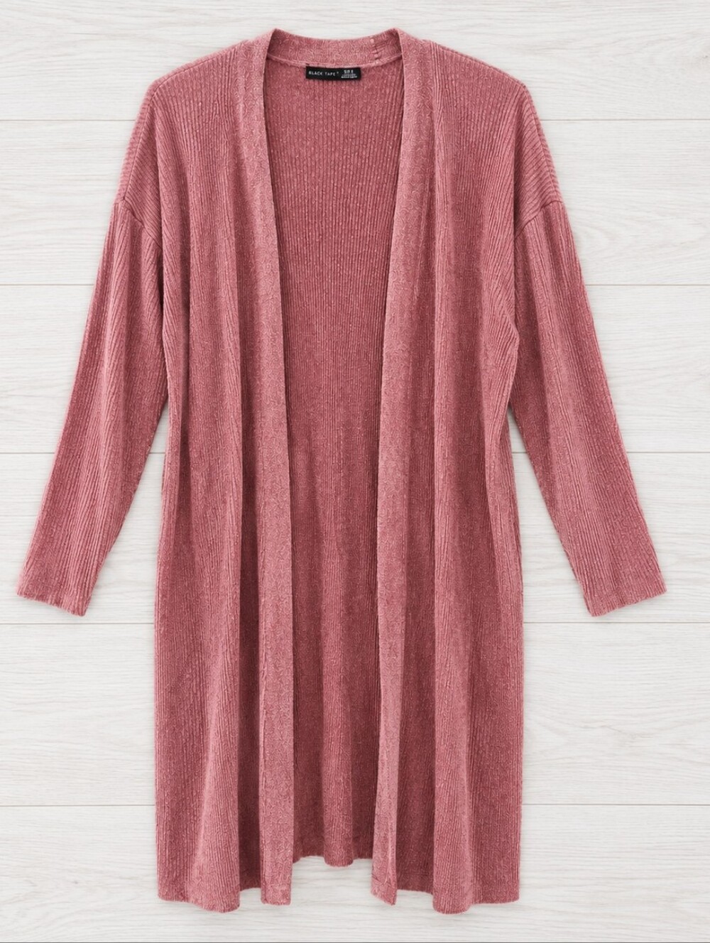 Black Tape Ribbed Open-Front Long Cardigan Sweater in Rose Mauve - Size L
